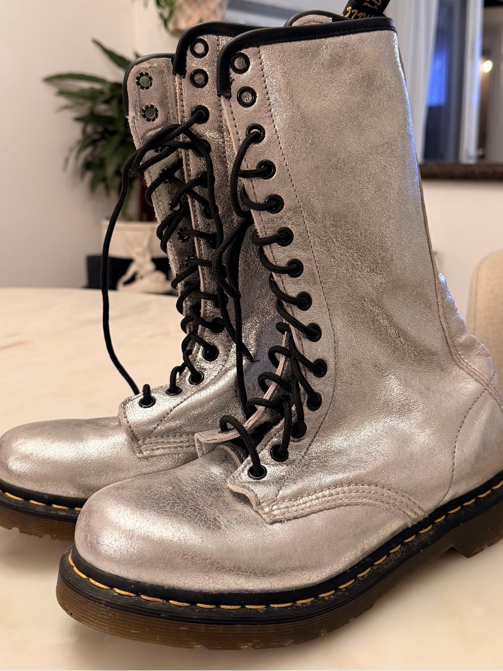 Y2K Dr. Marten’s Silver Lace-Up Combat Boots - Women's Metallic Boots